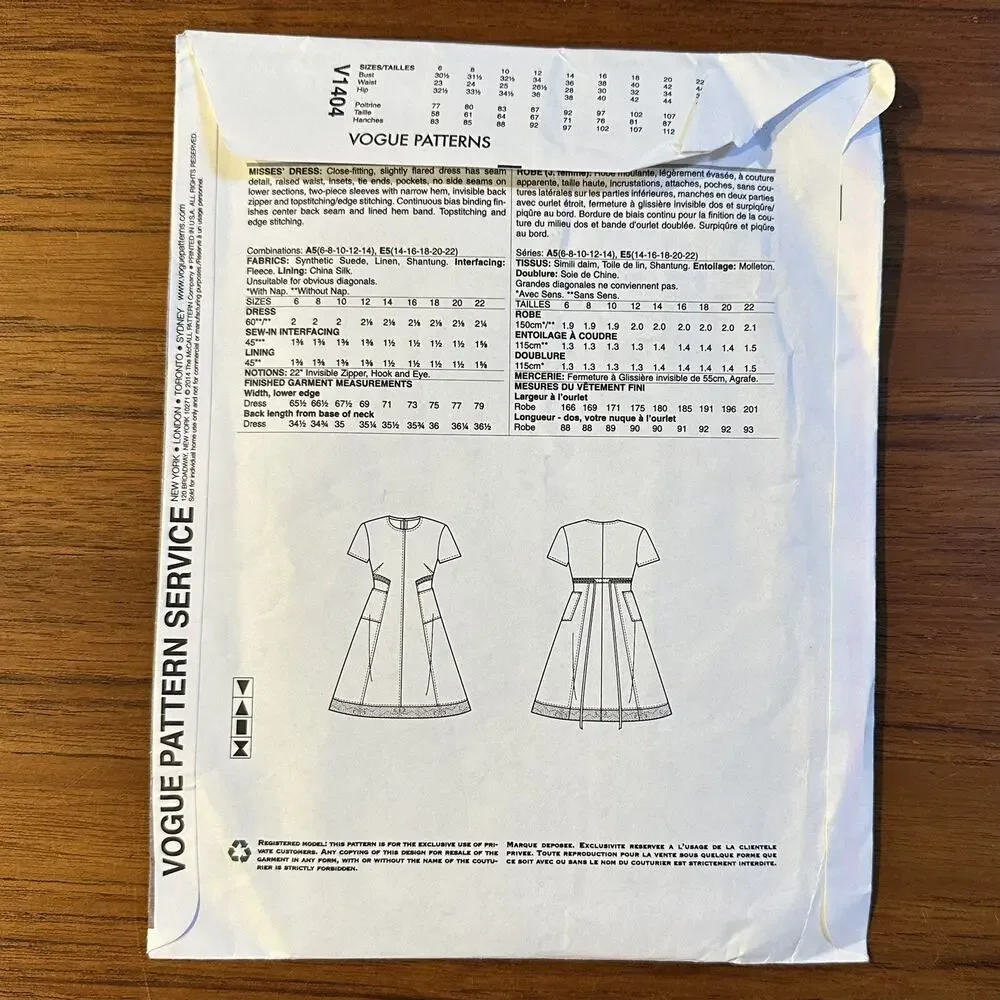 NEW Vogue Sewing Pattern V1404 American Designer Ralph Rucci Misses Dress 14-22